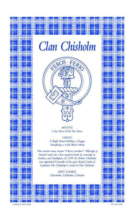 Image 1 of Chisholm Clan Scottish Blue White Cotton Printed Tea Towel