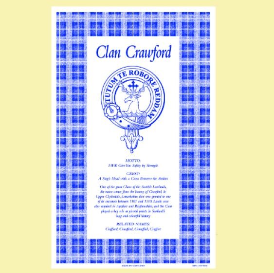 Image 0 of Crawford Clan Scottish Blue White Cotton Printed Tea Towel