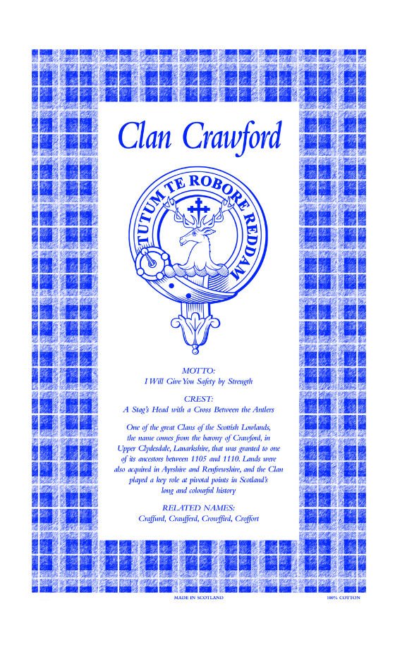 Image 1 of Crawford Clan Scottish Blue White Cotton Printed Tea Towel