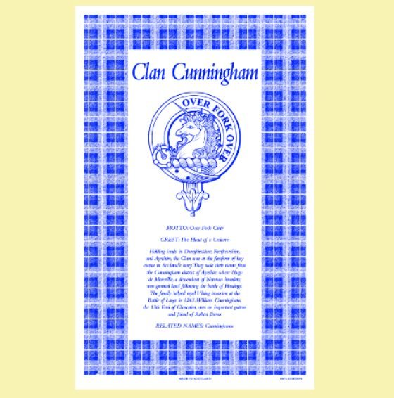 Image 0 of Cunningham Clan Scottish Blue White Cotton Printed Tea Towel