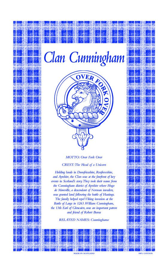 Image 1 of Cunningham Clan Scottish Blue White Cotton Printed Tea Towel