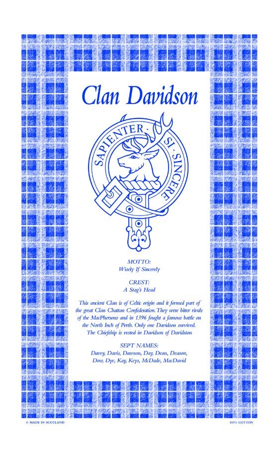 Image 1 of Davidson Clan Scottish Blue White Cotton Printed Tea Towel