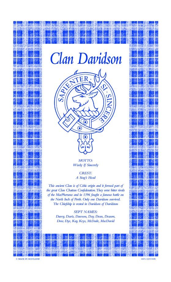 Image 1 of Davidson Clan Scottish Blue White Cotton Printed Tea Towel