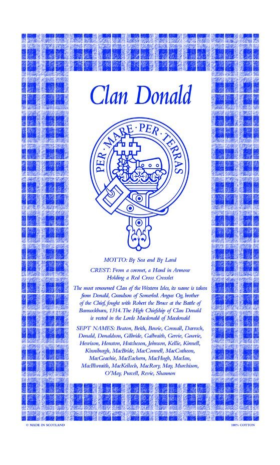 Image 1 of Donald Clan Scottish Blue White Cotton Printed Tea Towel