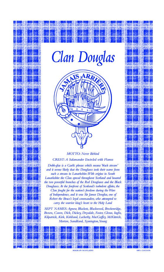 Image 1 of Douglas Clan Scottish Blue White Cotton Printed Tea Towel