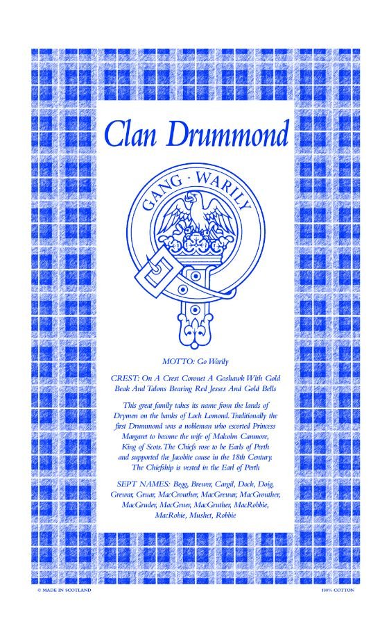 Image 1 of Drummond Clan Scottish Blue White Cotton Printed Tea Towel