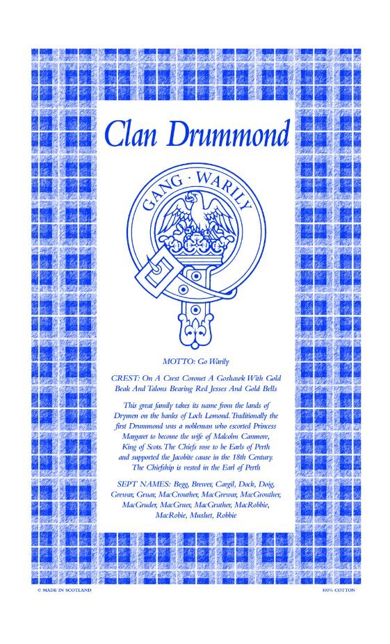 Image 1 of Drummond Clan Scottish Blue White Cotton Printed Tea Towel