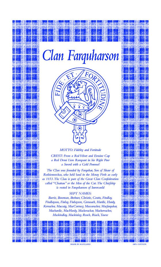 Image 1 of Farquharson Clan Scottish Blue White Cotton Printed Tea Towel