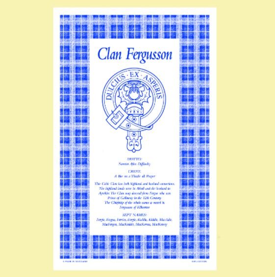 Image 0 of Fergusson Clan Scottish Blue White Cotton Printed Tea Towel