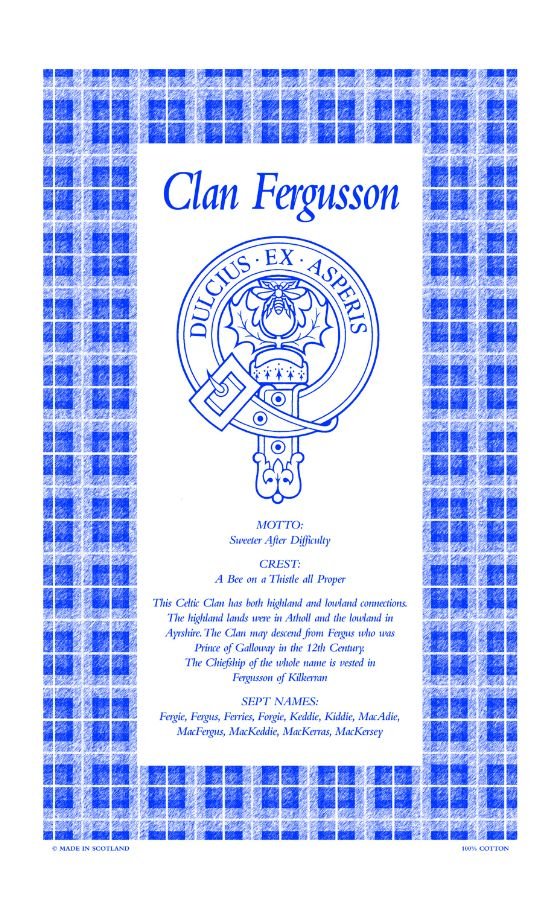 Image 1 of Fergusson Clan Scottish Blue White Cotton Printed Tea Towel