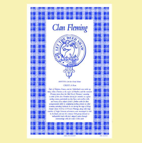 Image 0 of Fleming Clan Scottish Blue White Cotton Printed Tea Towel