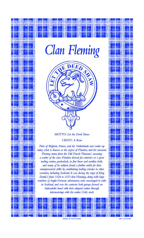 Image 1 of Fleming Clan Scottish Blue White Cotton Printed Tea Towel