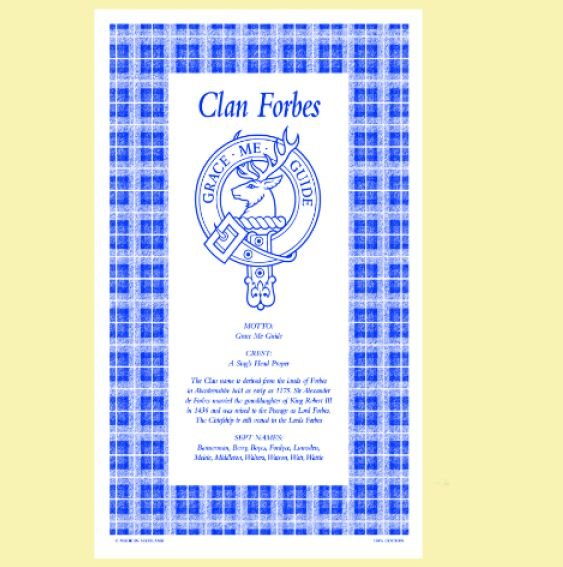 Image 0 of Forbes Clan Scottish Blue White Cotton Printed Tea Towel