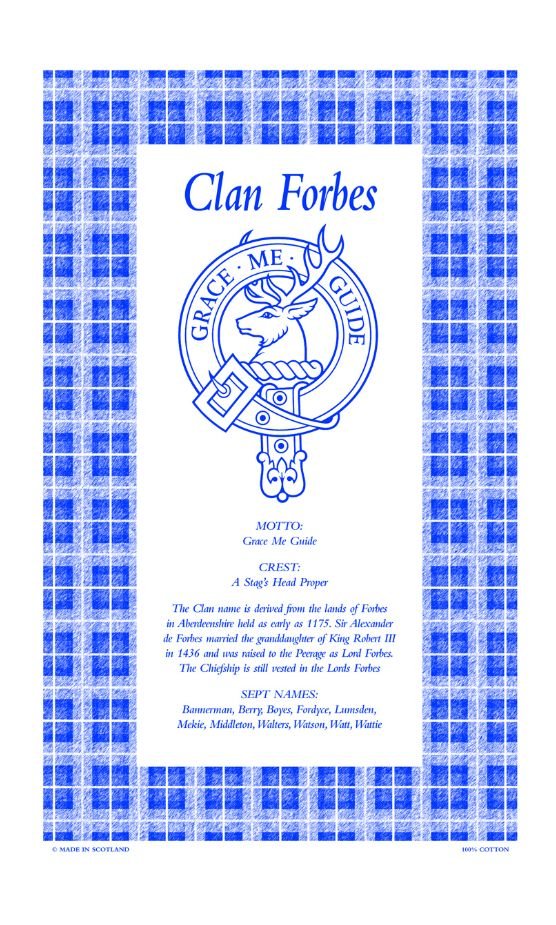 Image 1 of Forbes Clan Scottish Blue White Cotton Printed Tea Towel