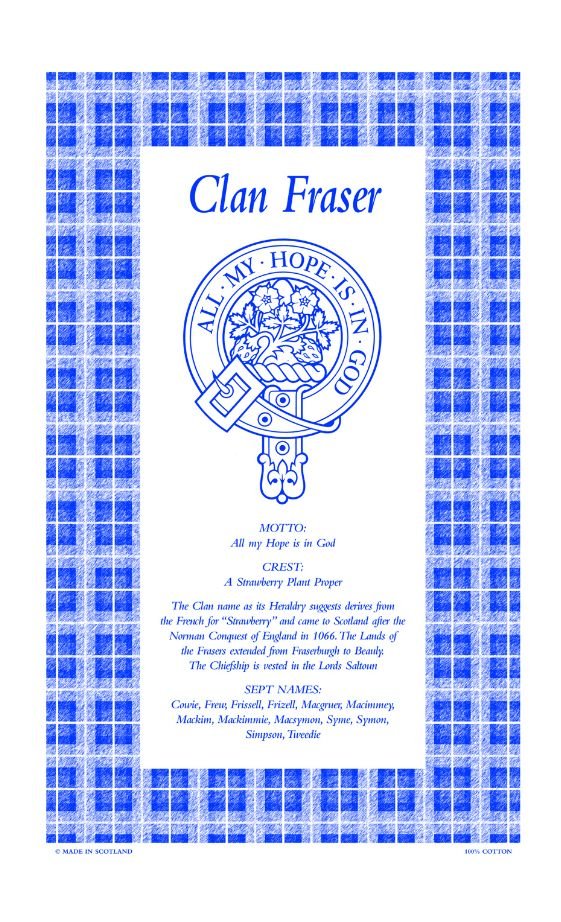 Image 1 of Fraser Clan Scottish Blue White Cotton Printed Tea Towel
