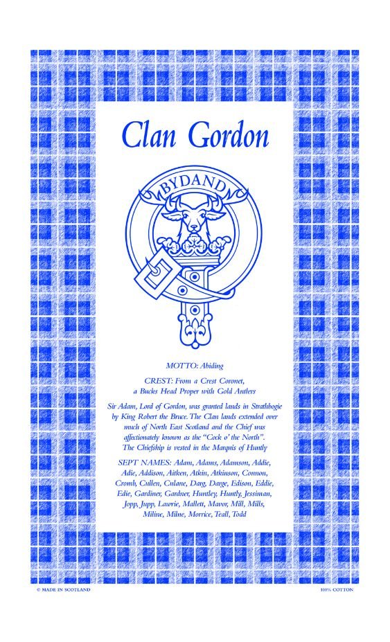 Image 1 of Gordon Clan Scottish Blue White Cotton Printed Tea Towel