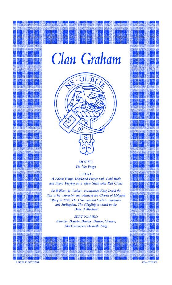 Image 1 of Graham Clan Scottish Blue White Cotton Printed Tea Towel