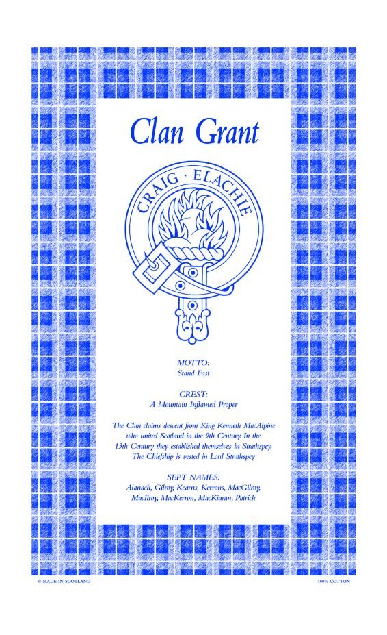 Image 1 of Grant Clan Scottish Blue White Cotton Printed Tea Towel