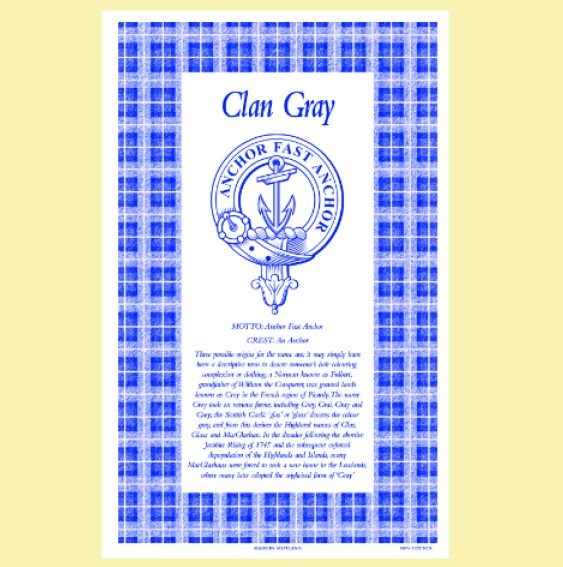 Image 0 of Gray Clan Scottish Blue White Cotton Printed Tea Towel