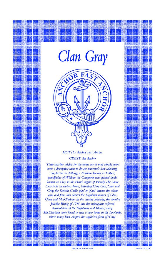 Image 1 of Gray Clan Scottish Blue White Cotton Printed Tea Towel