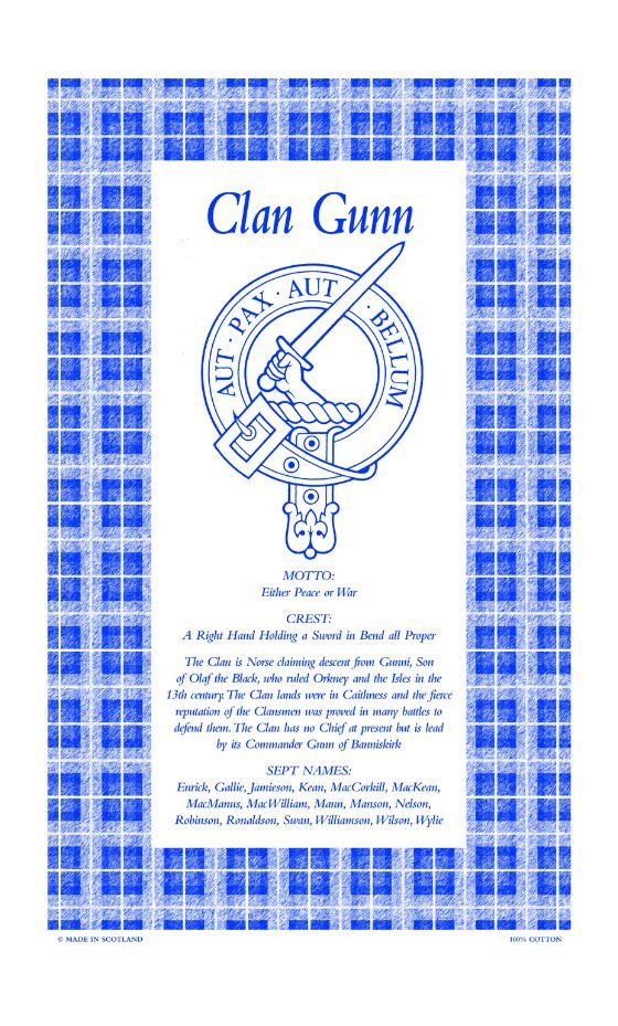 Image 1 of Gunn Clan Scottish Blue White Cotton Printed Tea Towel