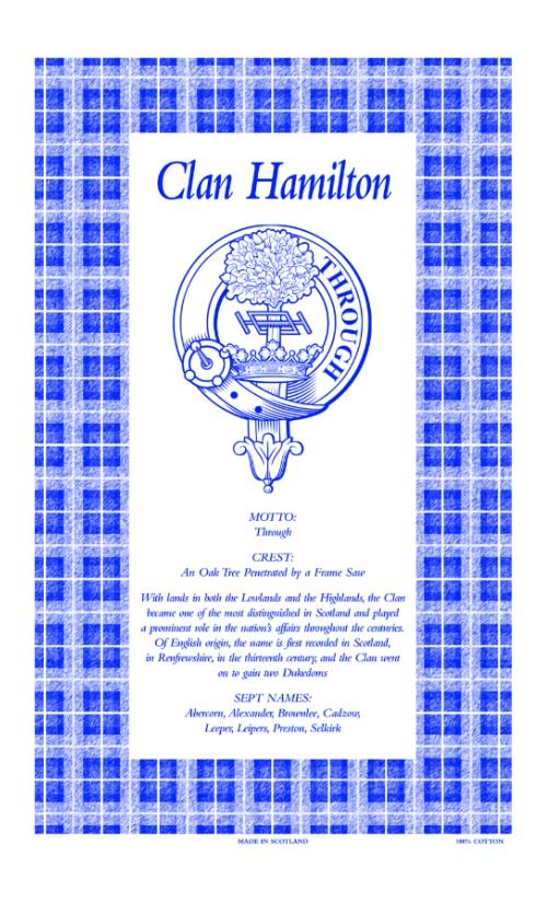 Image 1 of Hamilton Clan Scottish Blue White Cotton Printed Tea Towel