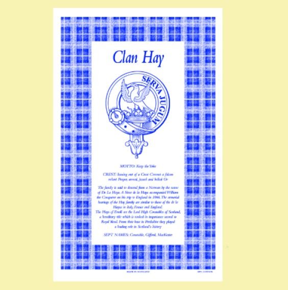 Image 0 of Hay Clan Scottish Blue White Cotton Printed Tea Towel