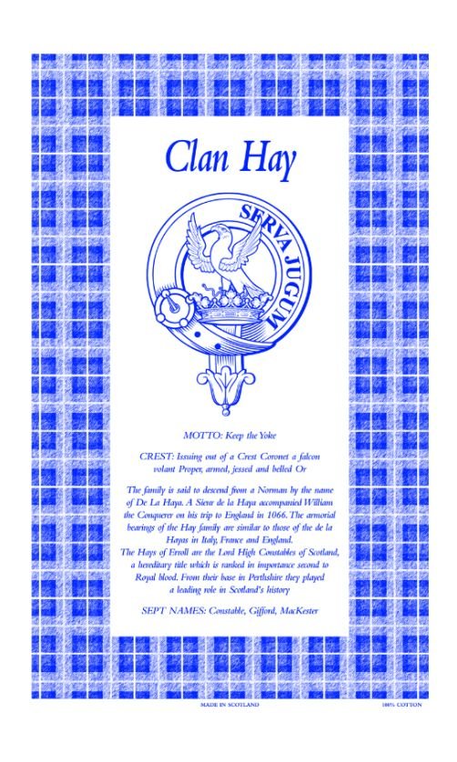 Image 1 of Hay Clan Scottish Blue White Cotton Printed Tea Towel