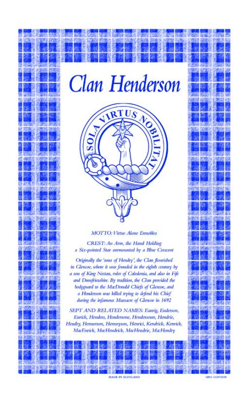 Image 1 of Henderson Clan Scottish Blue White Cotton Printed Tea Towel