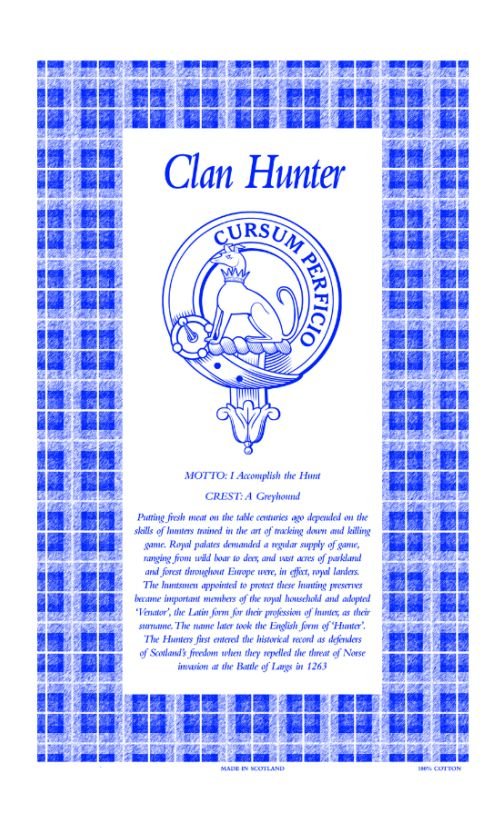 Image 1 of Hunter Clan Scottish Blue White Cotton Printed Tea Towel