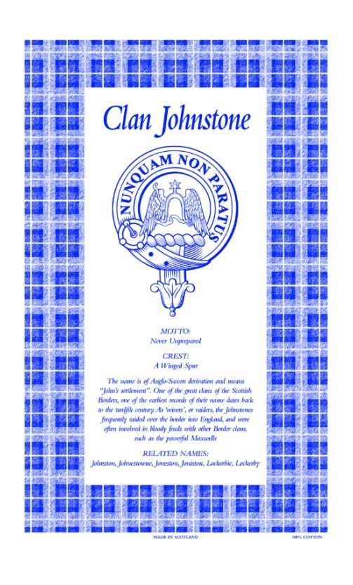 Image 1 of Johnstone Clan Scottish Blue White Cotton Printed Tea Towel