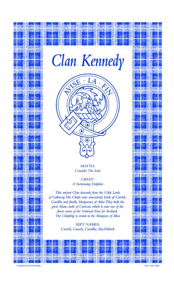 Image 1 of Kennedy Clan Scottish Blue White Cotton Printed Tea Towel