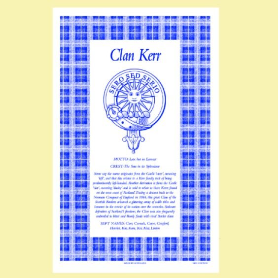 Image 0 of Kerr Clan Scottish Blue White Cotton Printed Tea Towel