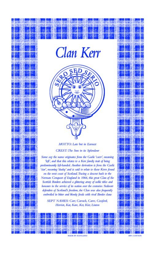 Image 1 of Kerr Clan Scottish Blue White Cotton Printed Tea Towel