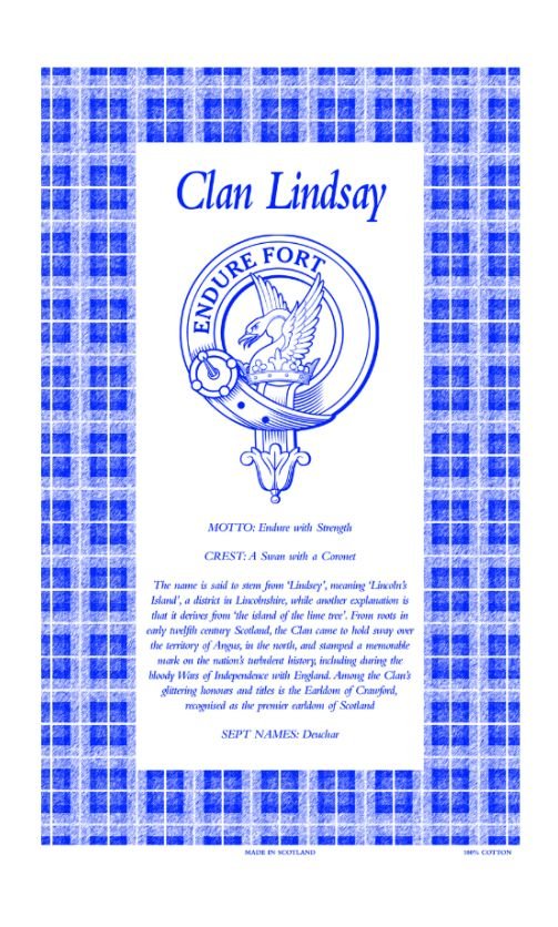 Image 1 of Lindsay Clan Scottish Blue White Cotton Printed Tea Towel