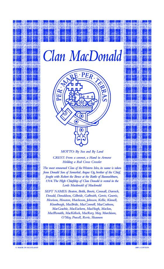 Image 1 of MacDonald Clan Scottish Blue White Cotton Printed Tea Towel