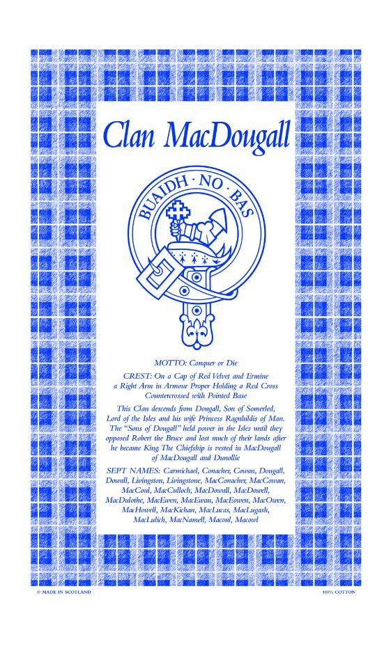 Image 1 of MacDougall Clan Scottish Blue White Cotton Printed Tea Towel