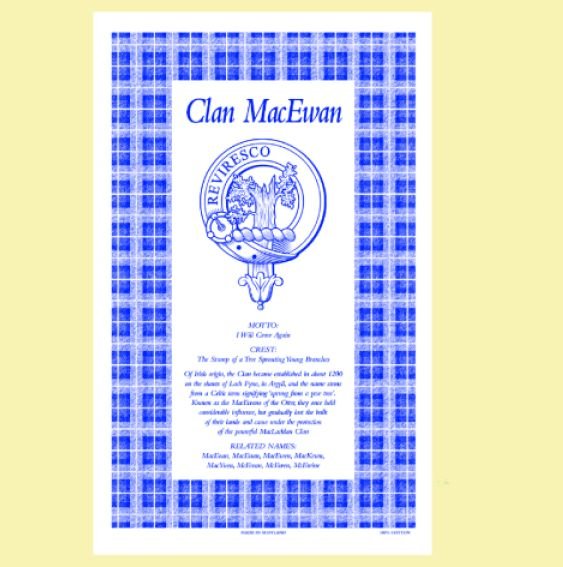 Image 0 of MacEwan Clan Scottish Blue White Cotton Printed Tea Towel