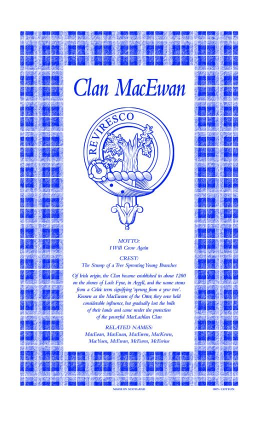 Image 1 of MacEwan Clan Scottish Blue White Cotton Printed Tea Towel