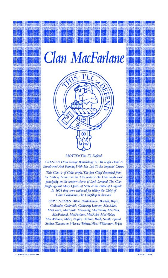 Image 1 of MacFarlane Clan Scottish Blue White Cotton Printed Tea Towel