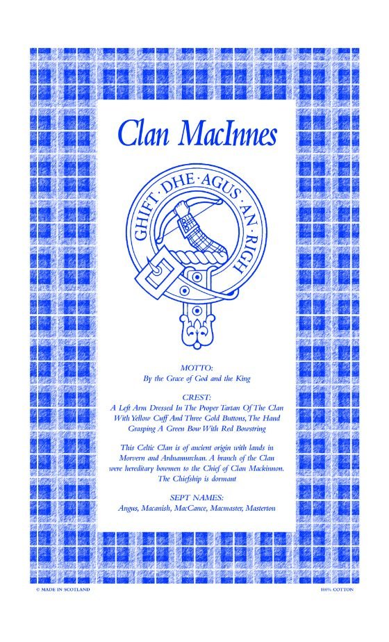 Image 1 of MacInnes Clan Scottish Blue White Cotton Printed Tea Towel