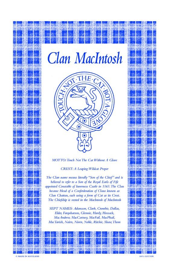 Image 1 of MacIntosh Clan Scottish Blue White Cotton Printed Tea Towel