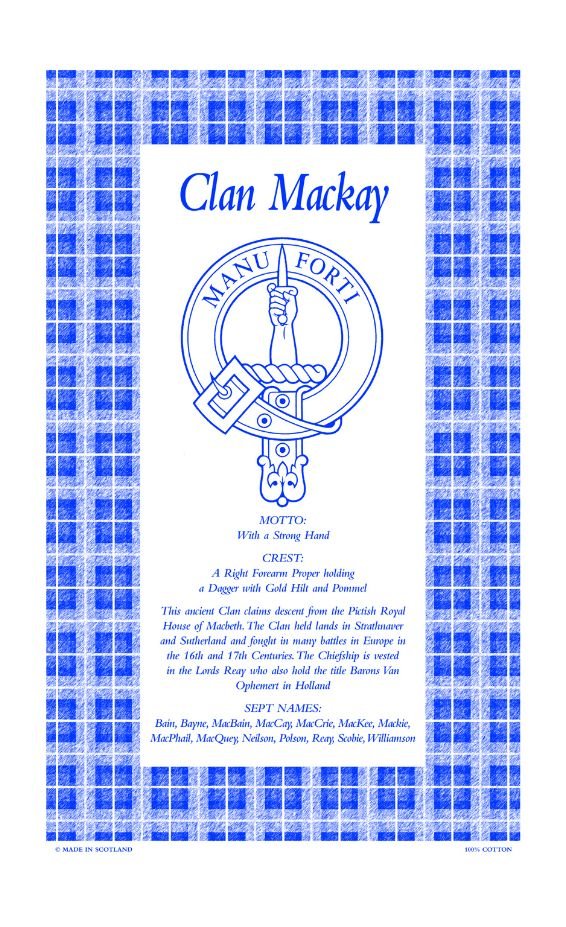 Image 1 of Mackay Clan Scottish Blue White Cotton Printed Tea Towel