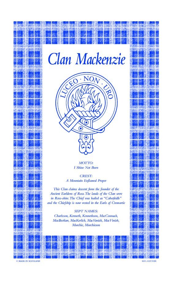 Image 1 of MacKenzie Clan Scottish Blue White Cotton Printed Tea Towel