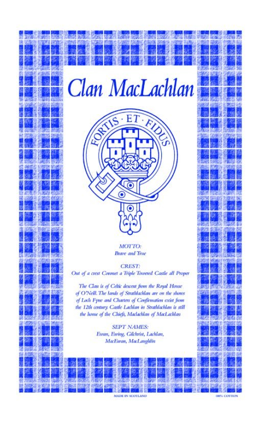 Image 1 of MacLachlan Clan Scottish Blue White Cotton Printed Tea Towel
