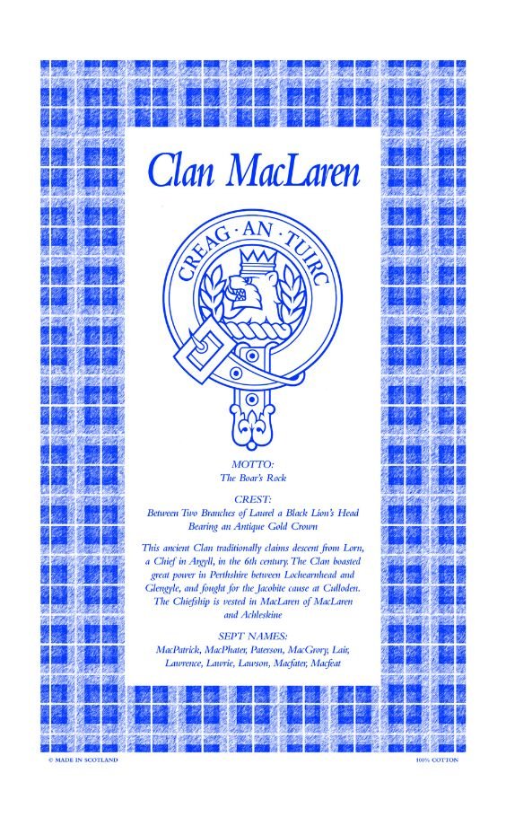 Image 1 of MacLaren Clan Scottish Blue White Cotton Printed Tea Towel