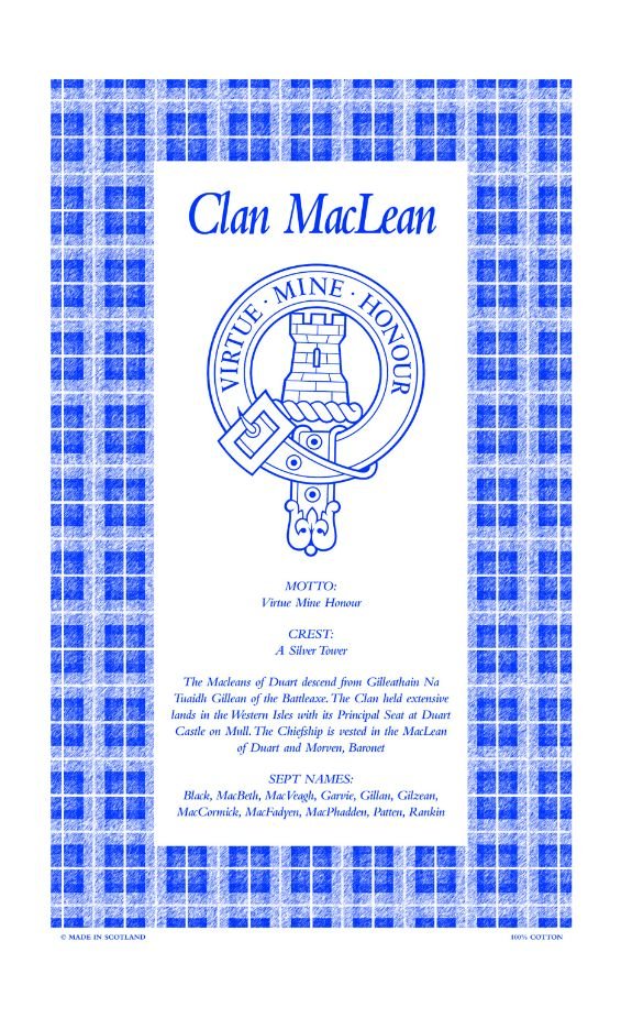 Image 1 of MacLean Clan Scottish Blue White Cotton Printed Tea Towel