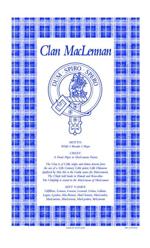 Image 1 of MacLennan Clan Scottish Blue White Cotton Printed Tea Towel