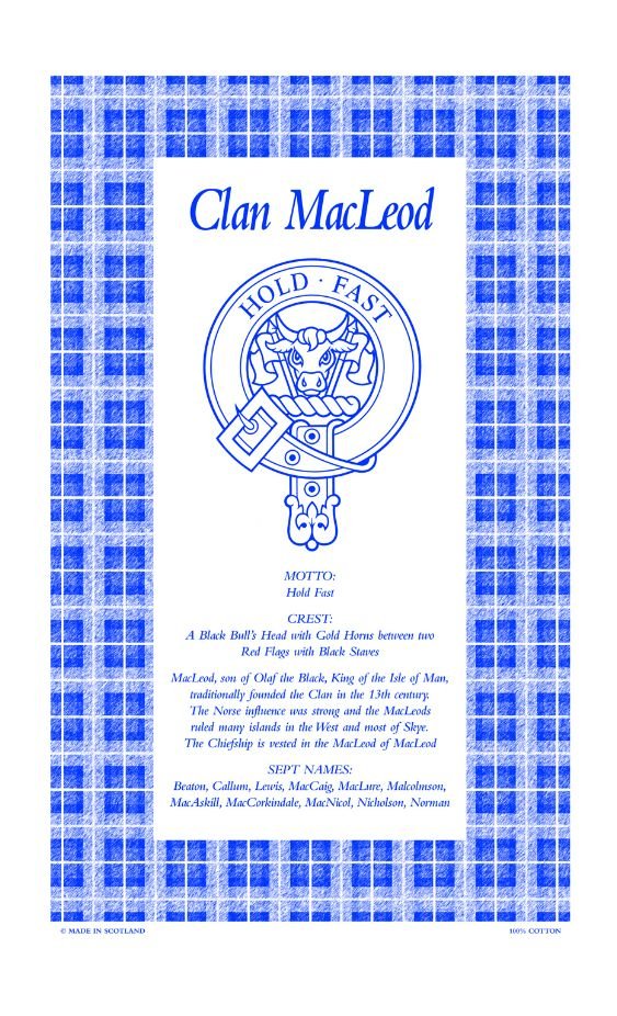 Image 1 of MacLeod Clan Scottish Blue White Cotton Printed Tea Towel
