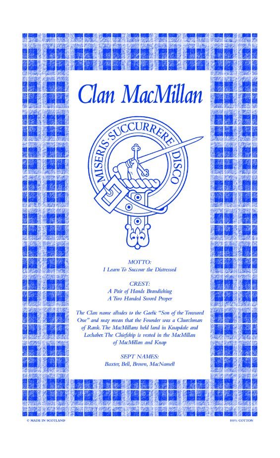 Image 1 of MacMillan Clan Scottish Blue White Cotton Printed Tea Towel